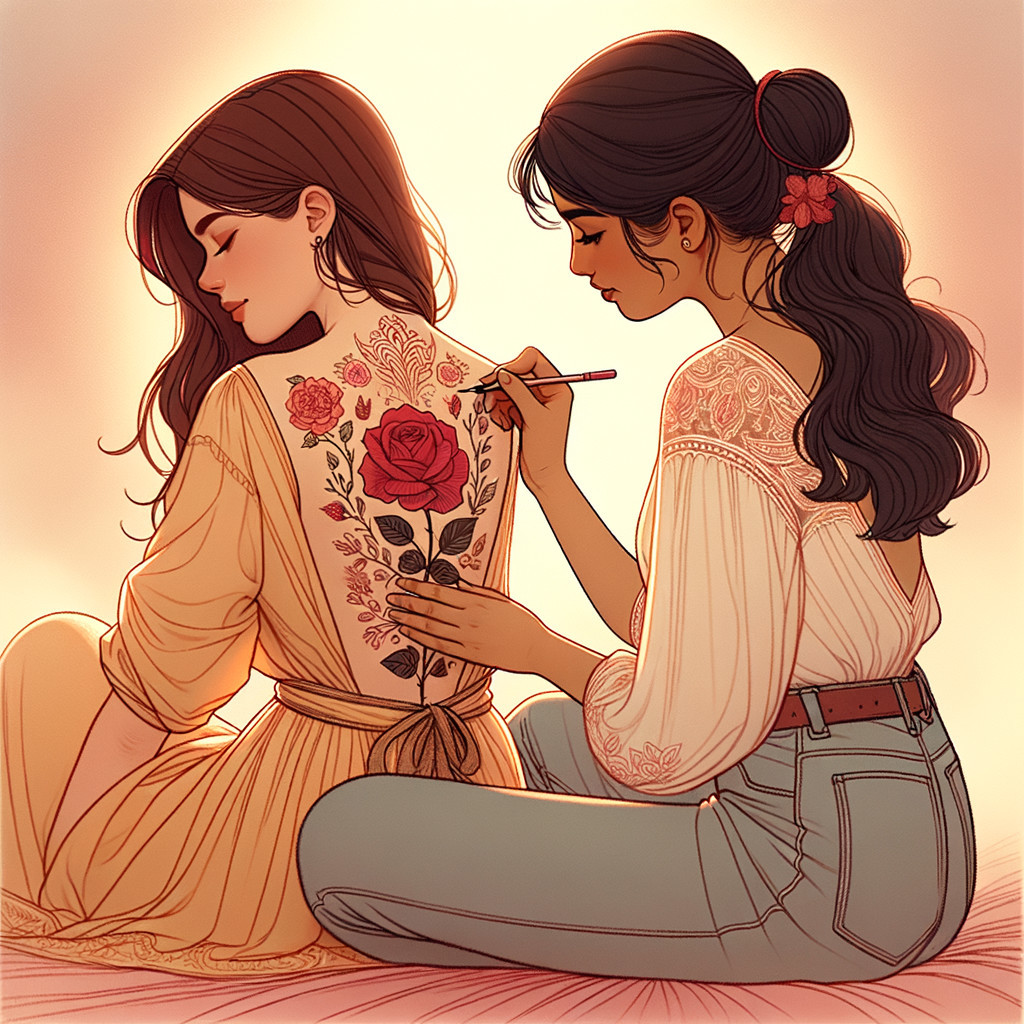 Women Collaborating on Floral Tattoo in Soft Light