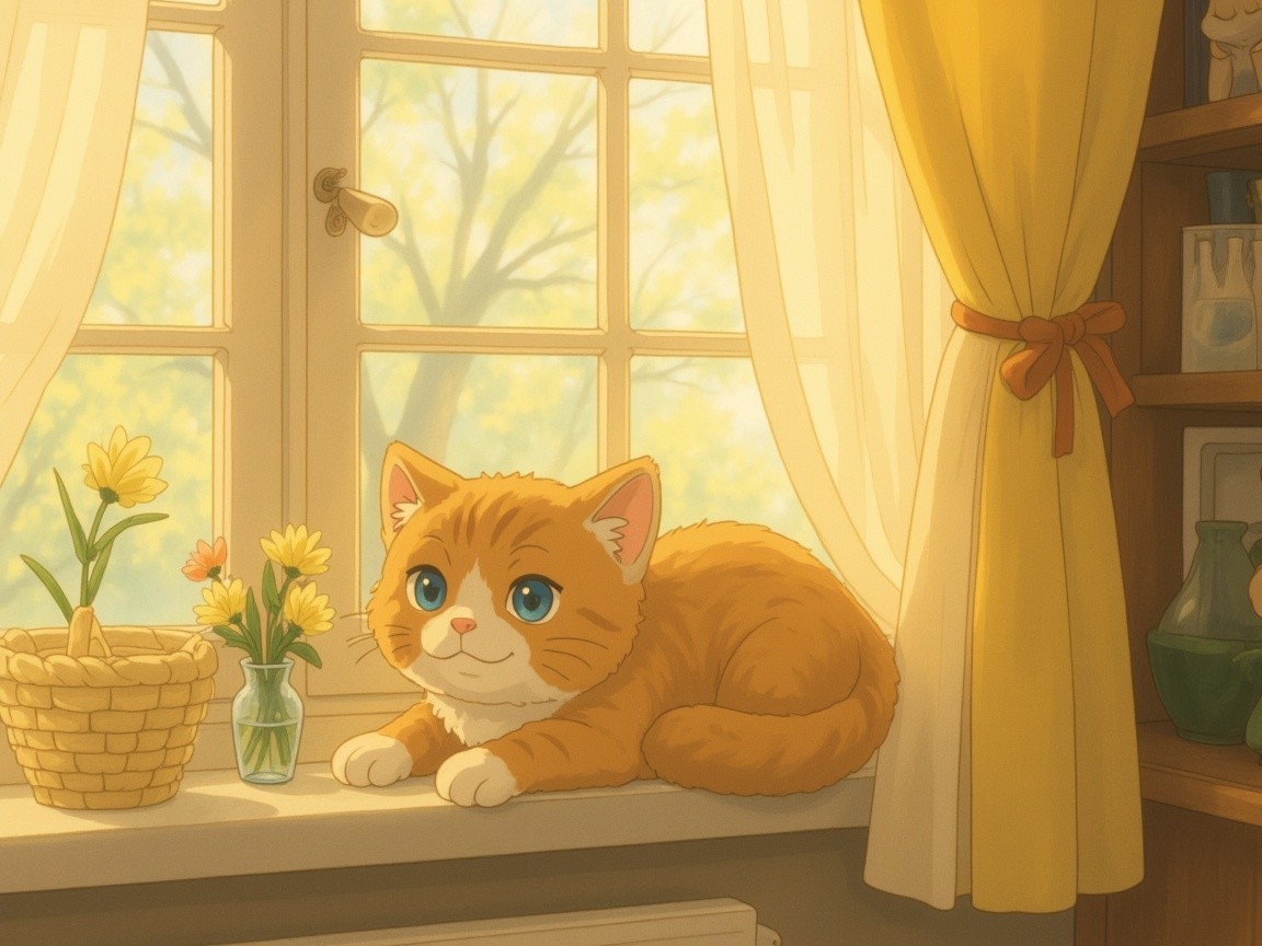 Fluffy Orange Cat on Windowsill in Sunlit Room