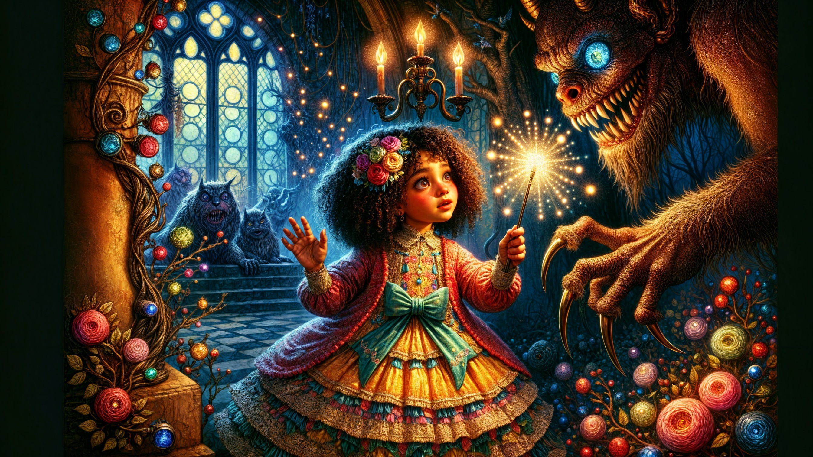 Young girl with wand in dark castle scene