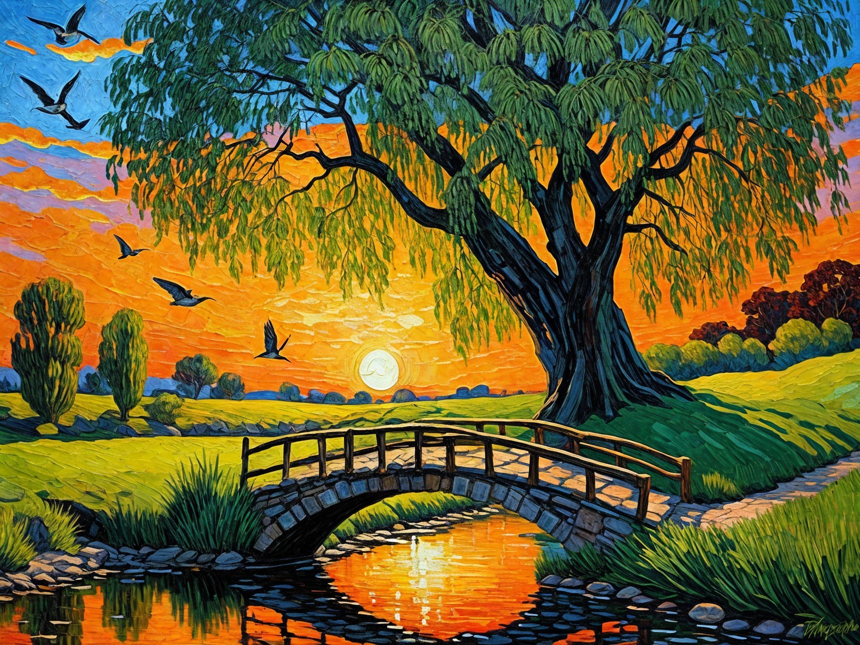 Vibrant Sunset Over Landscape with Tree and Pond