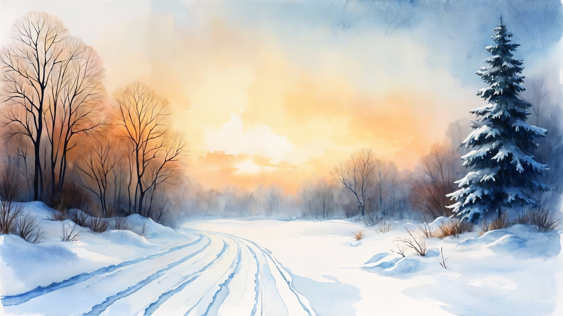 Serene Winter Landscape with Snowy Path and Sunset