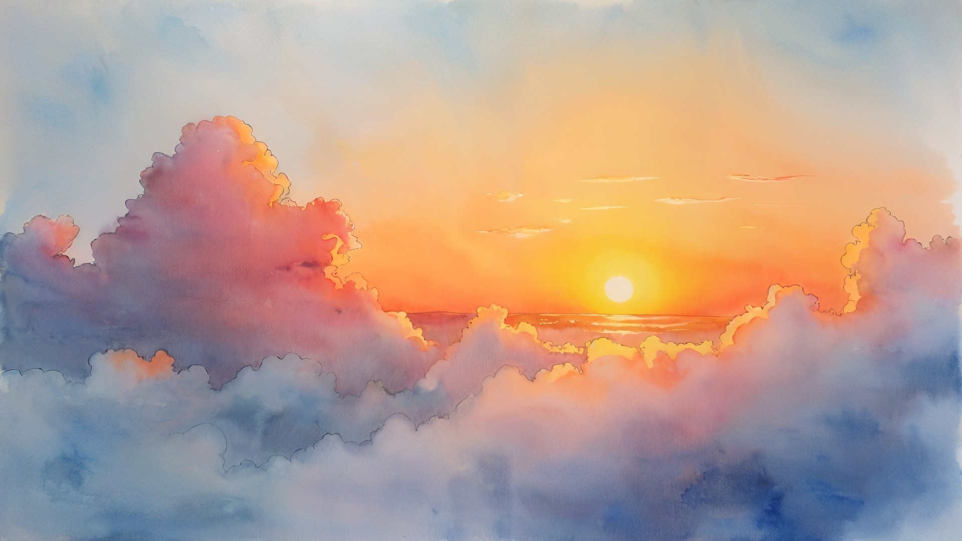 Watercolor Painting of a Vibrant Sunset Scene