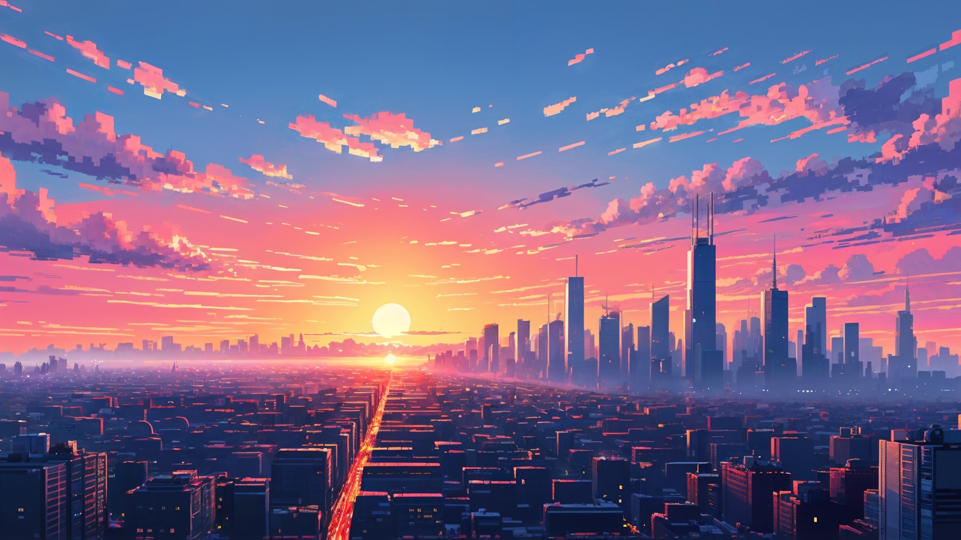 Vibrant Sunset Over a Cityscape with Skyscrapers