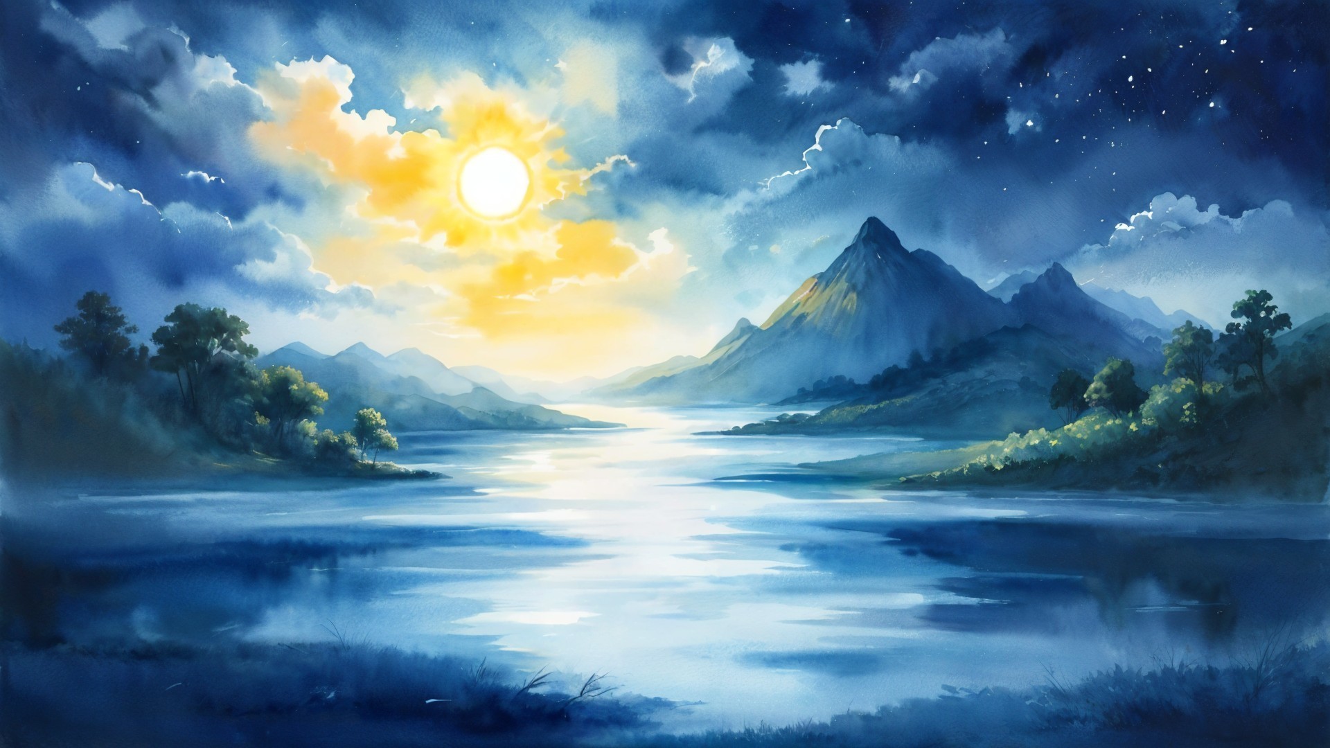 Twilight Landscape with Lake and Majestic Mountains