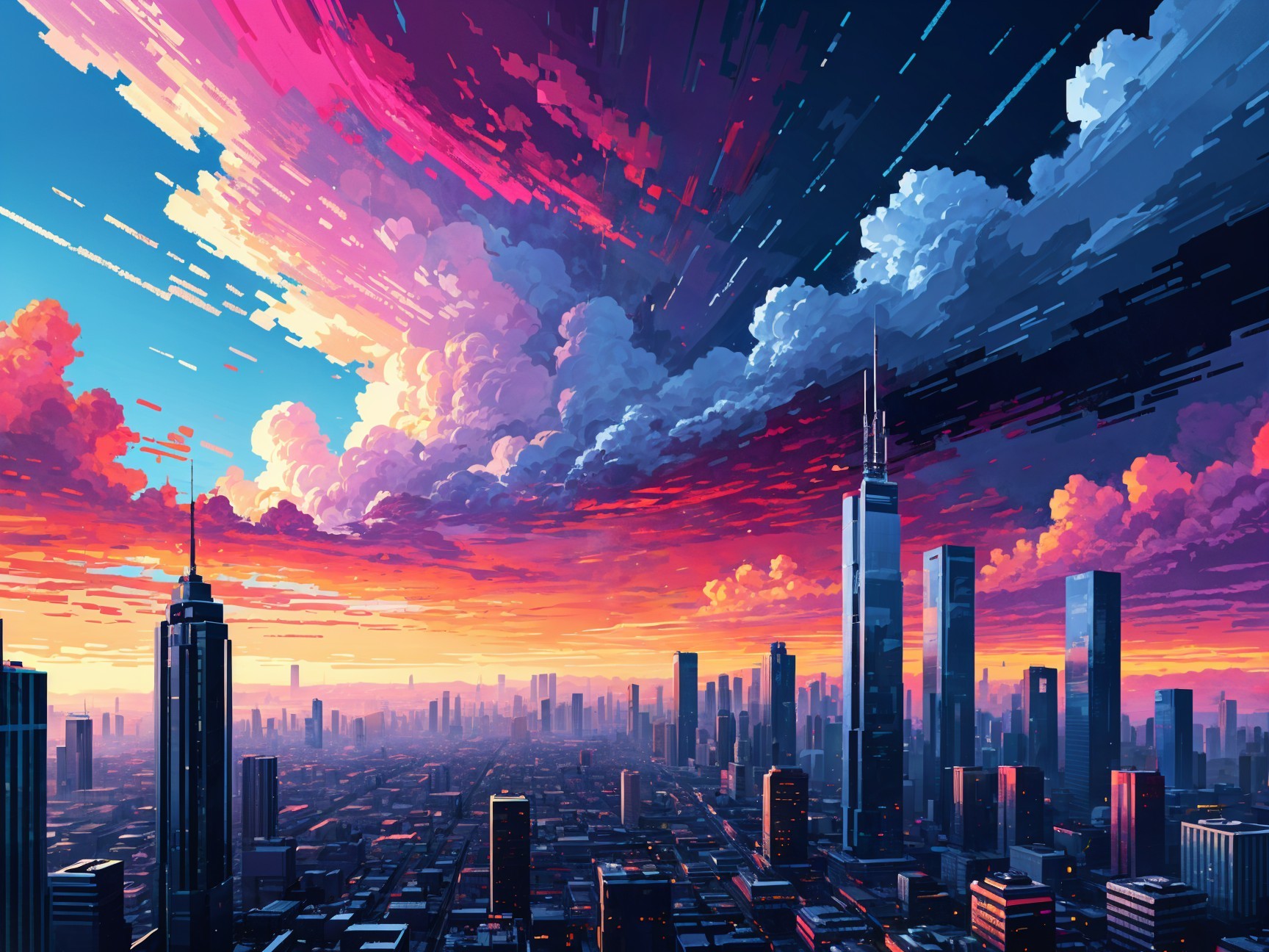 Vibrant City Skyline at Dusk with Colorful Clouds