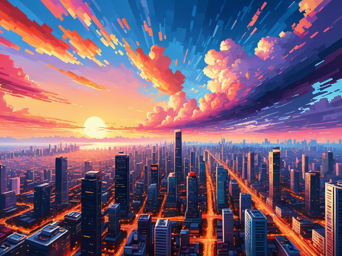 Vibrant Pixel-Art Cityscape at Sunset with Skyscrapers