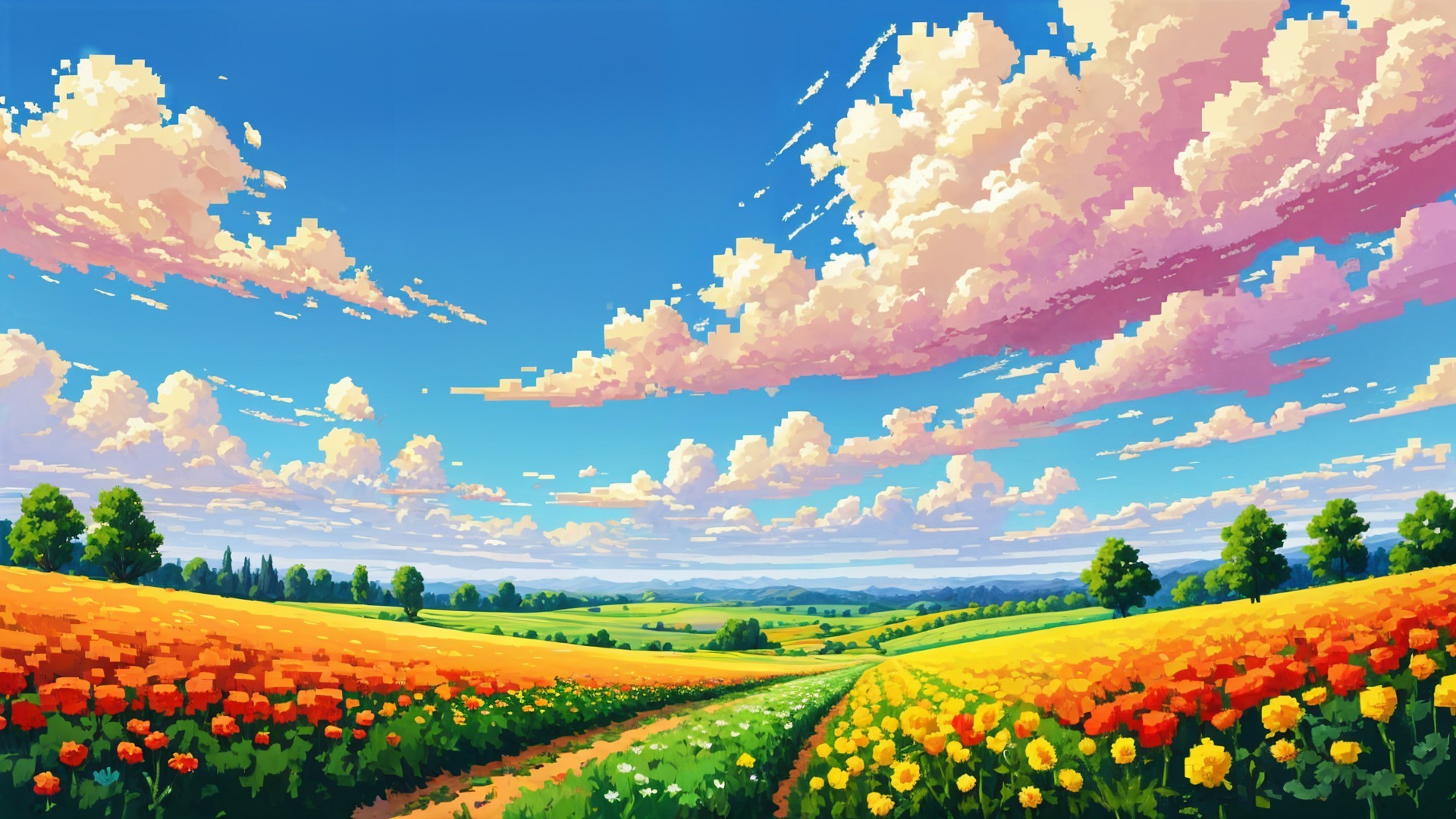 Vibrant Pixel-Art Landscape with Colorful Flowers
