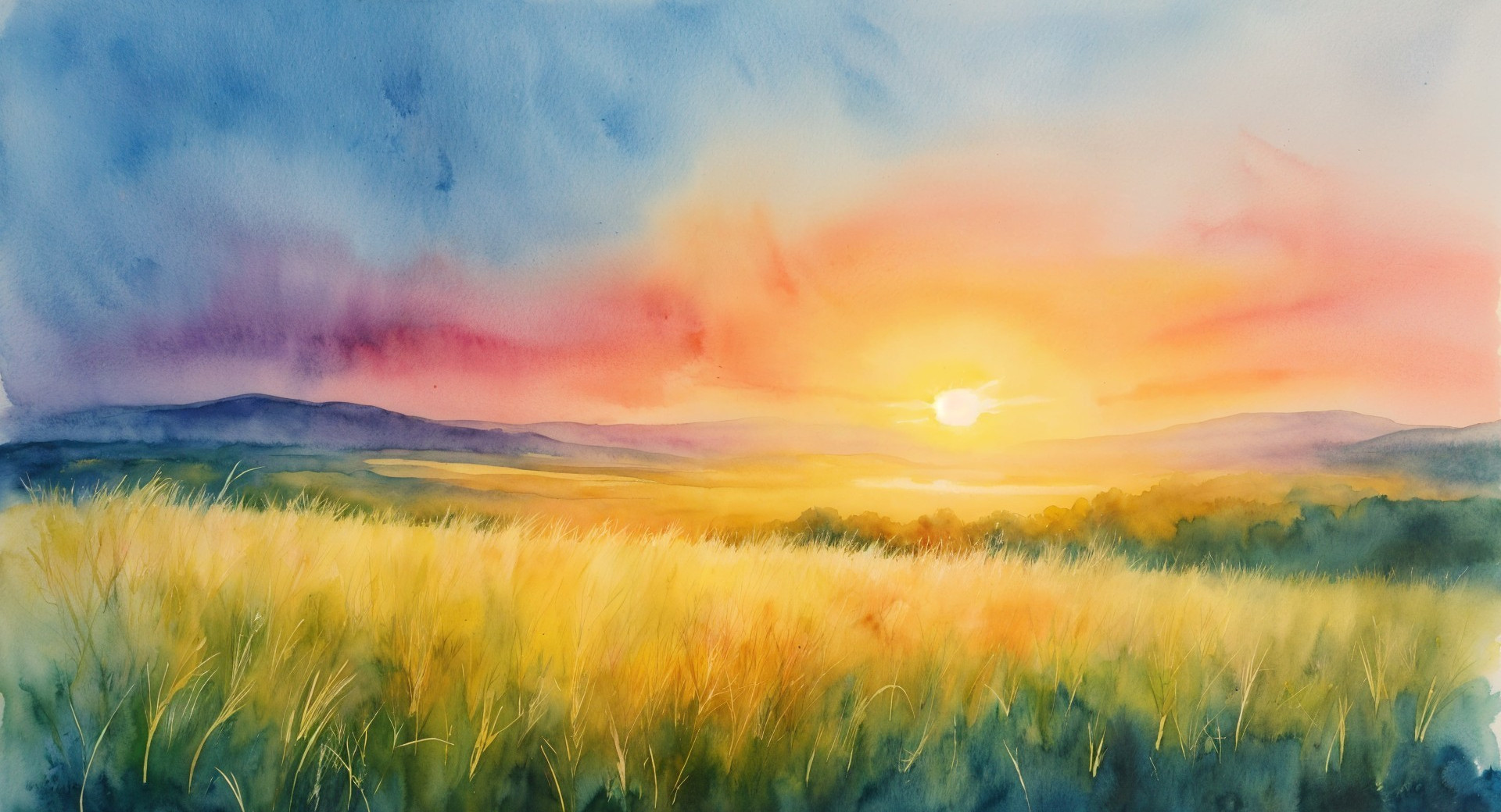 Serene Landscape with Vibrant Sunset and Golden Grass
