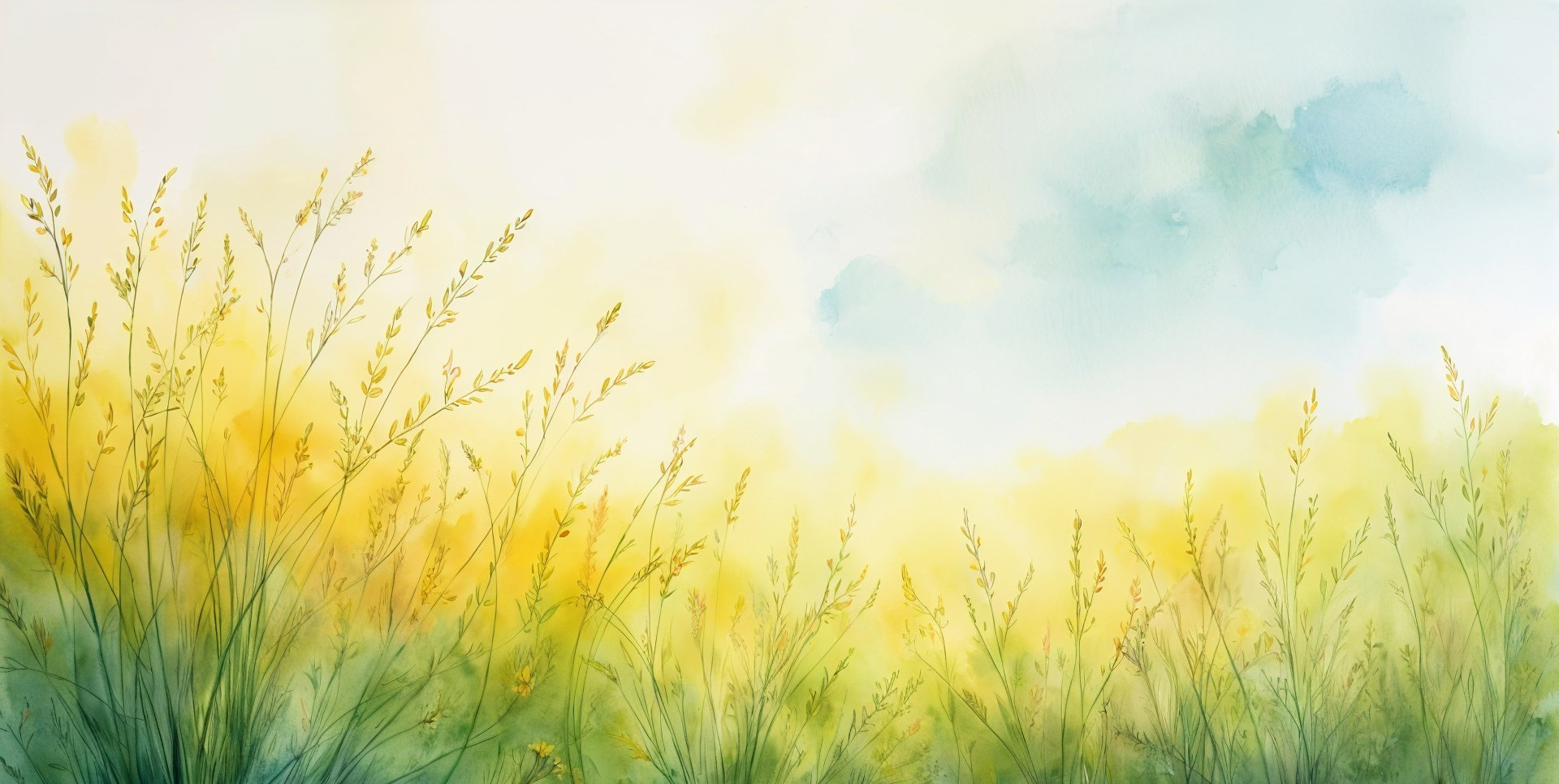 Watercolor Landscape of a Sunlit Grass Field
