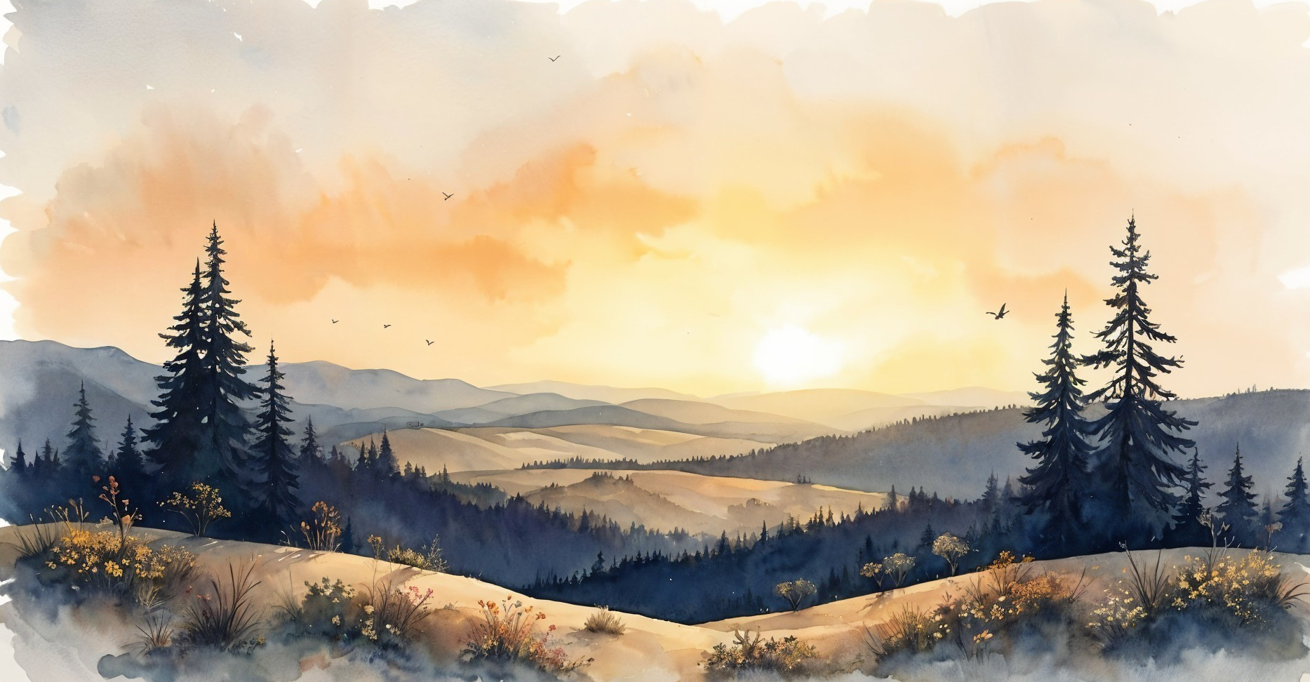 Serene landscape of rolling hills and sunset hues