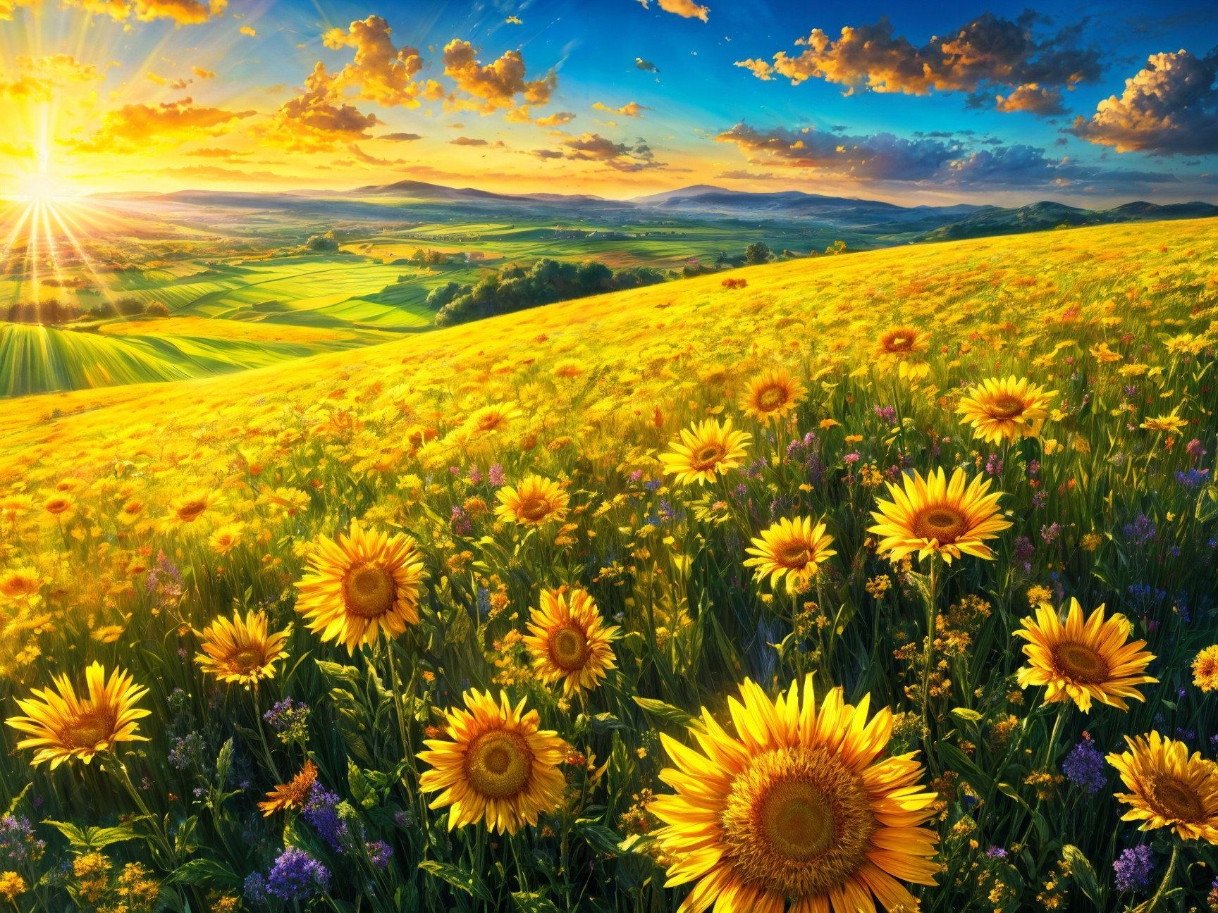 Vibrant Sunflower Field at Sunset with Rolling Hills