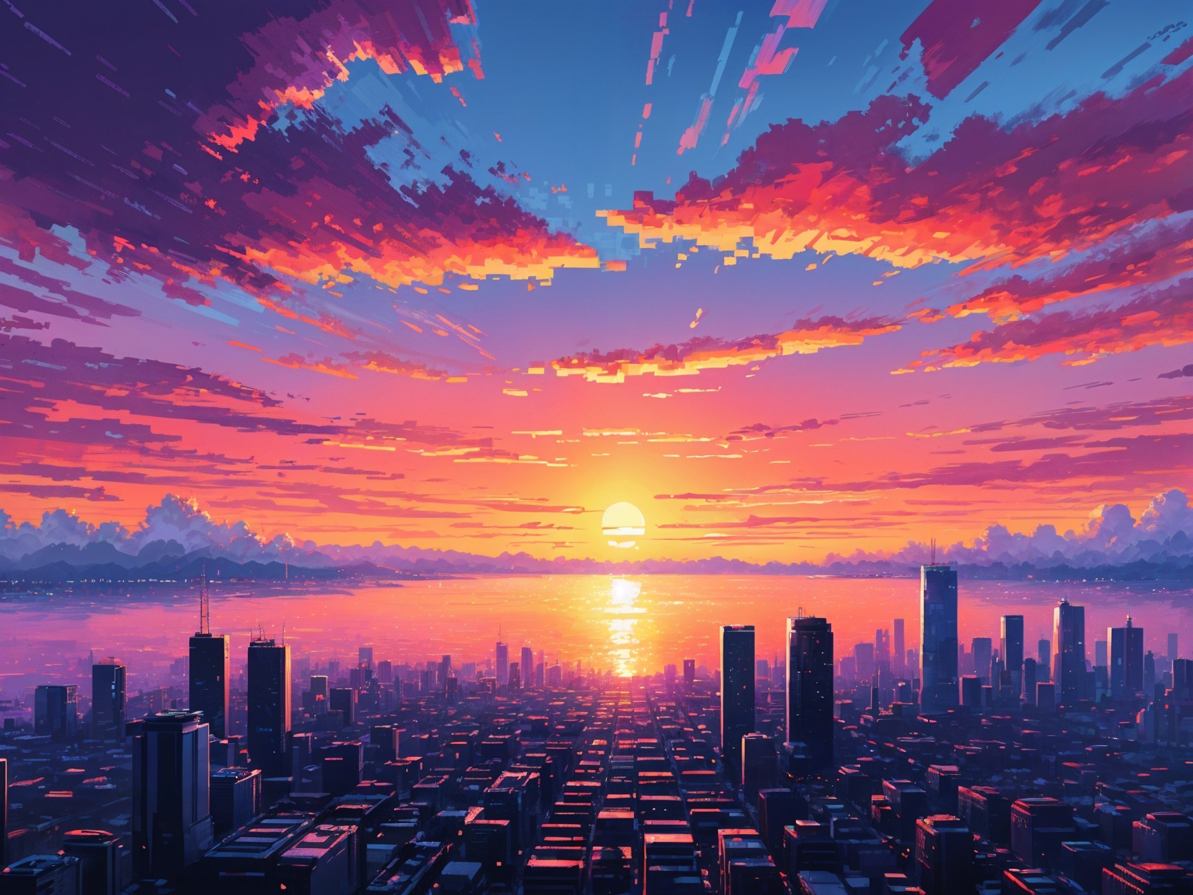 Vibrant Pixel Art Cityscape at Sunset with Reflections