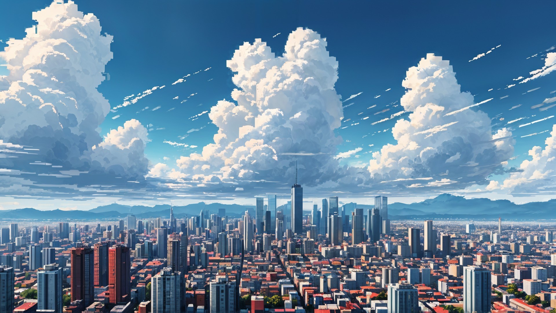 Vibrant Pixel Art Cityscape Under Blue Sky