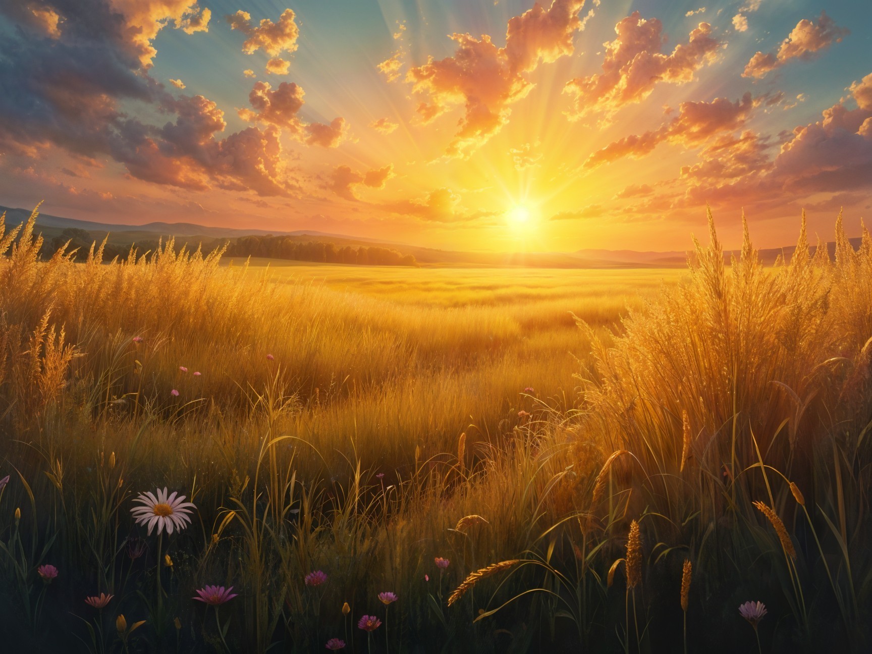 Serene Landscape of Golden Field at Vibrant Sunset