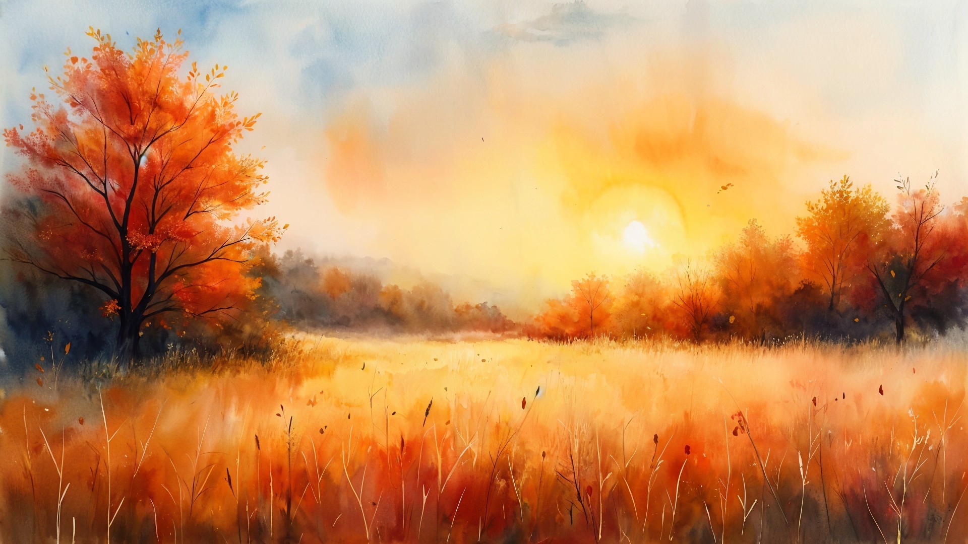Golden Sunset Over Tranquil Autumn Landscape