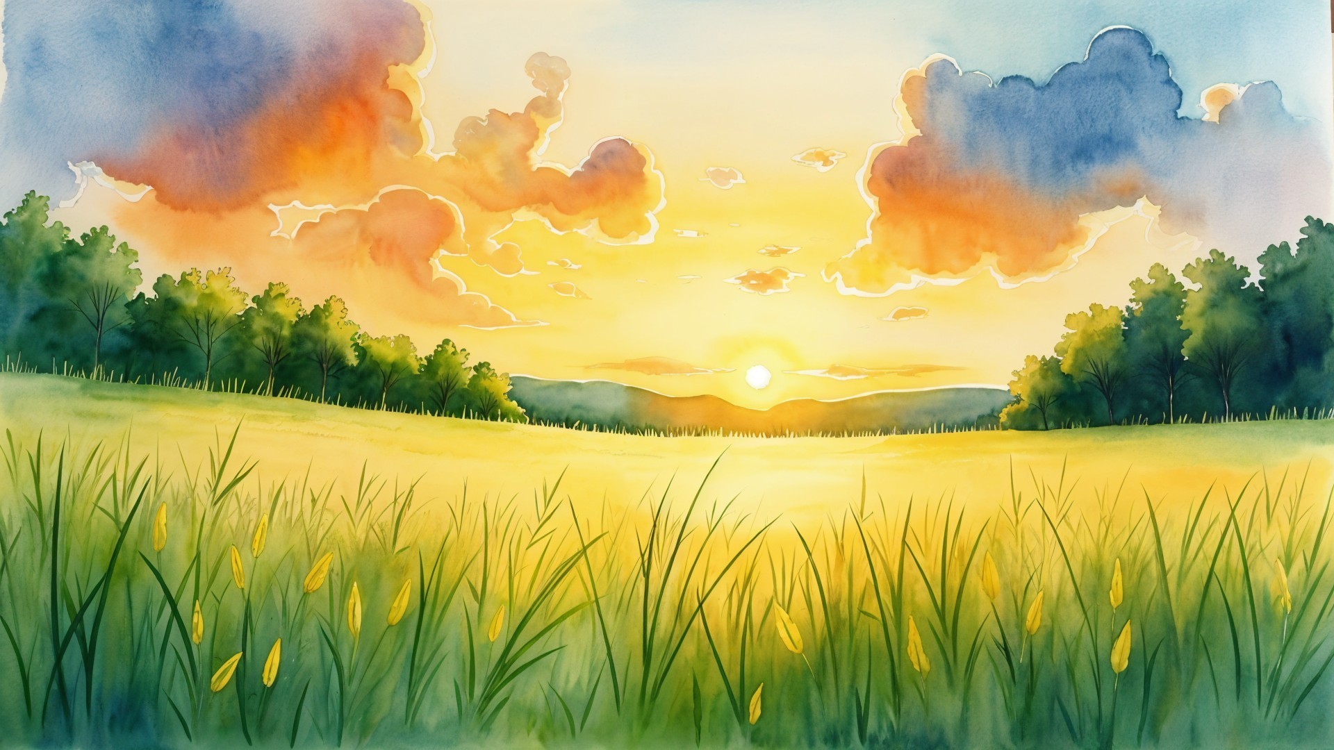 Serene Sunset Landscape with Vibrant Sky and Fields