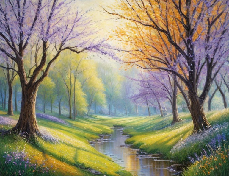 Serene Landscape with Winding Stream and Vibrant Trees