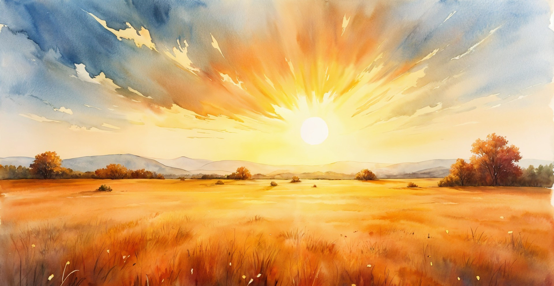 Vibrant Watercolor Landscape of Golden Field and Sky