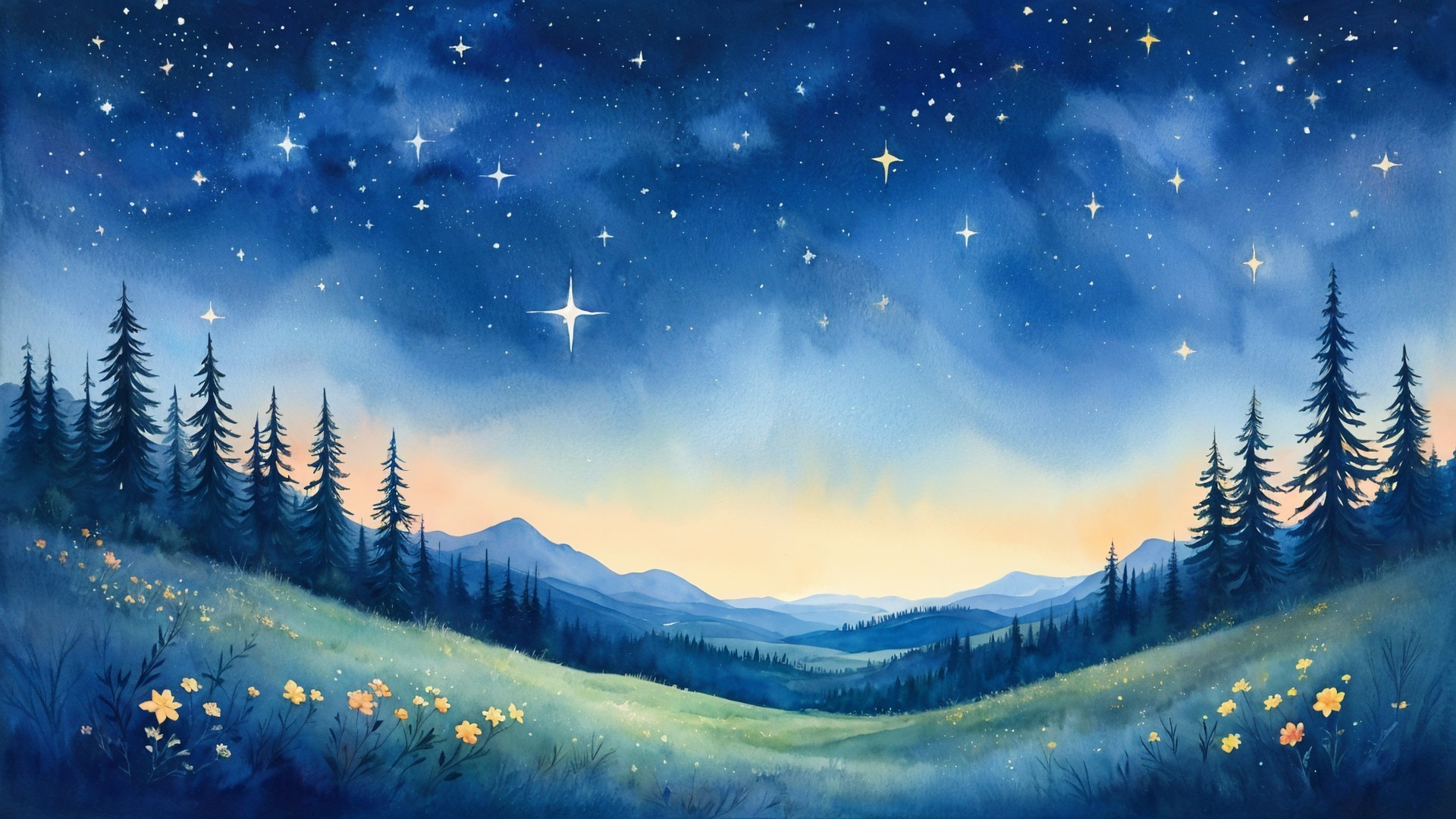 Serene Landscape with Starlit Sky and Mountains