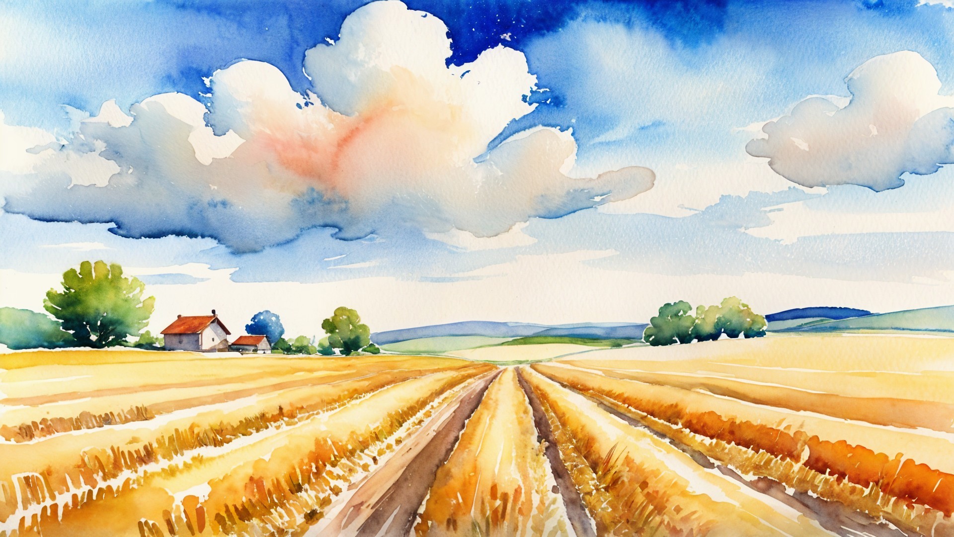 Watercolor Landscape of Golden Fields and Hills
