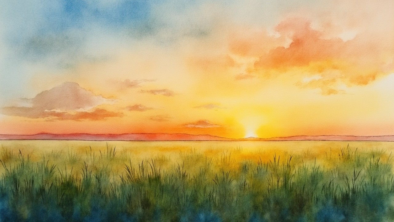 Serene Watercolor Landscape with Vibrant Sunset