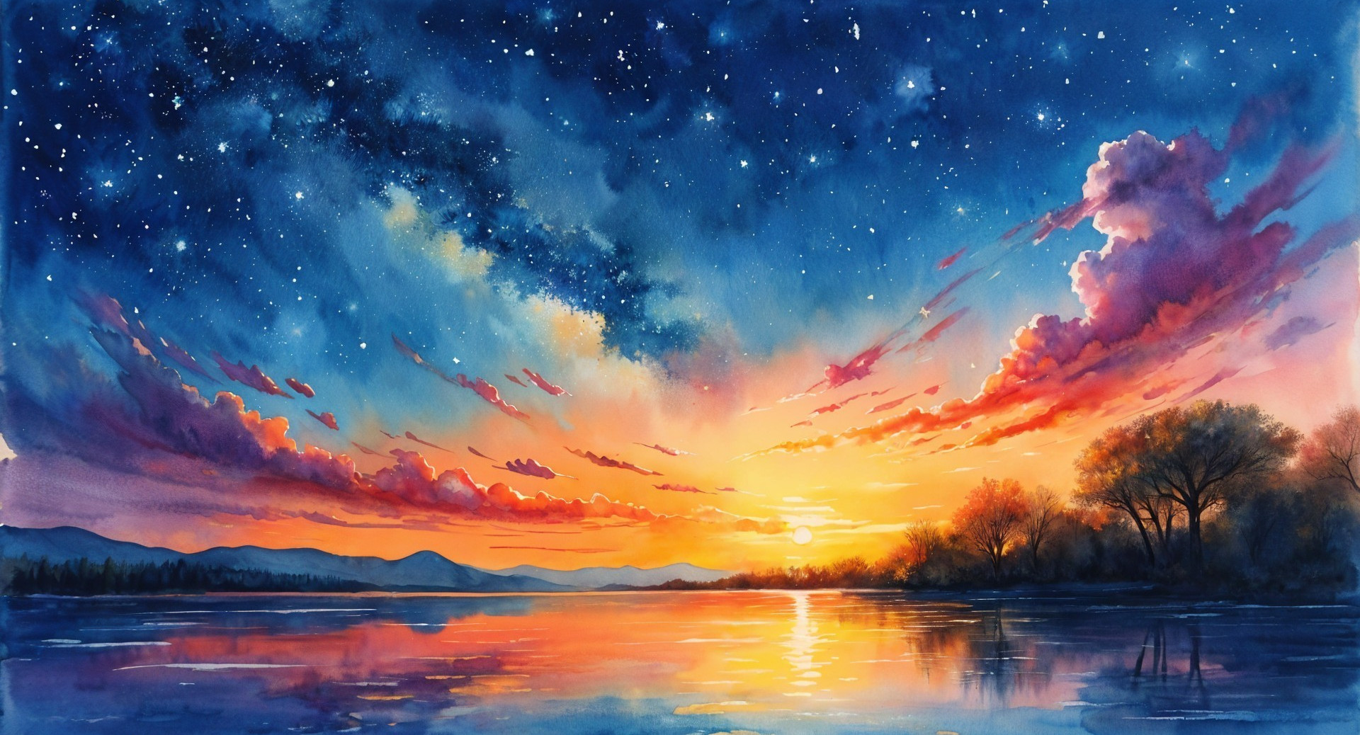 Watercolor Landscape of Sunset Over Tranquil Lake