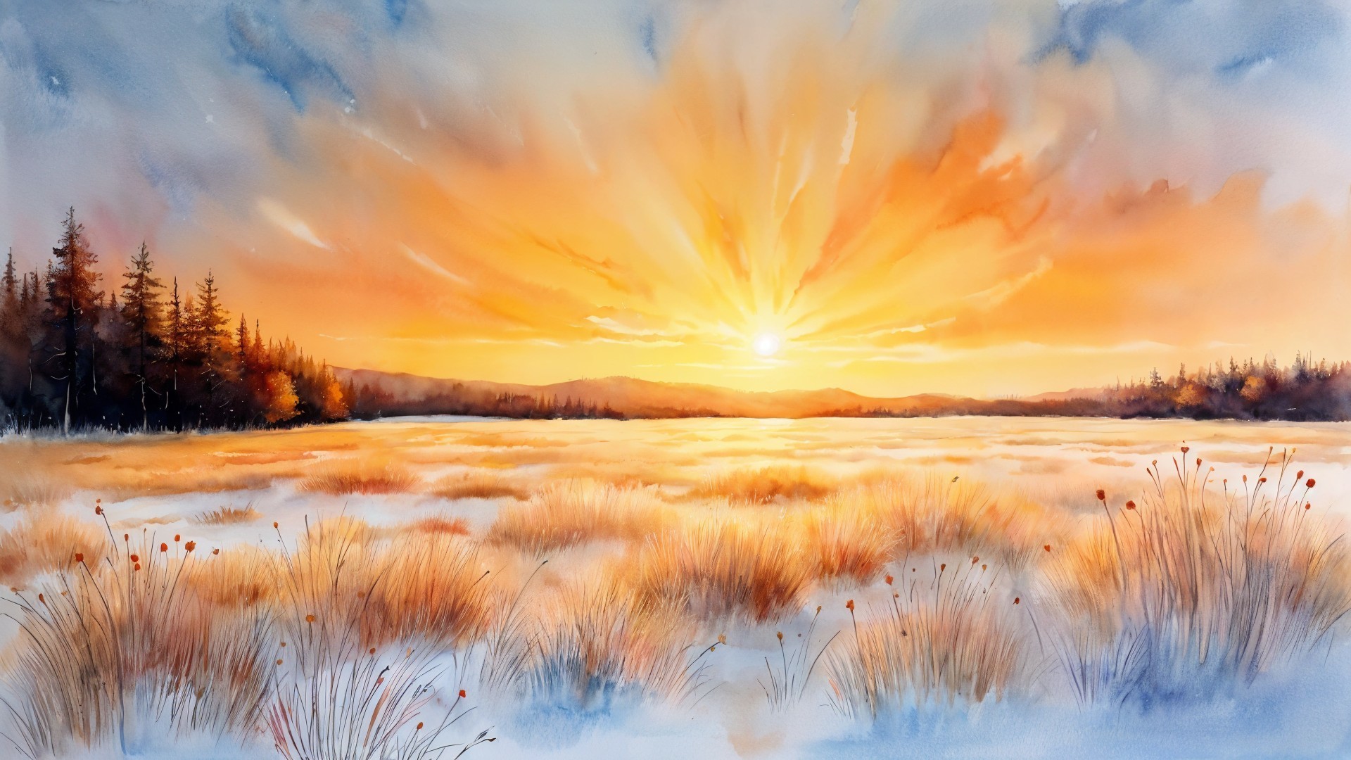 Golden Sunset Over Snow-Covered Field Landscape
