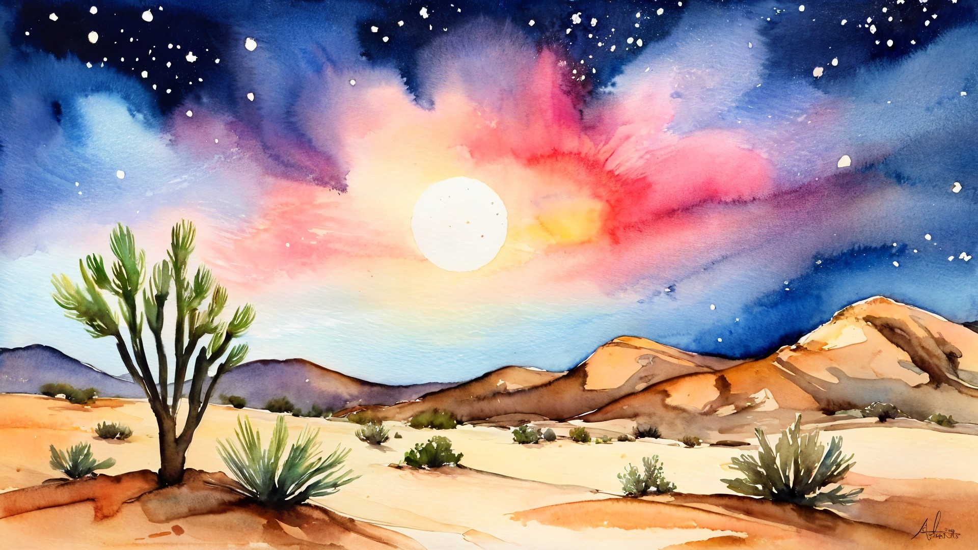 Vibrant Watercolor of Desert Landscape at Sunset