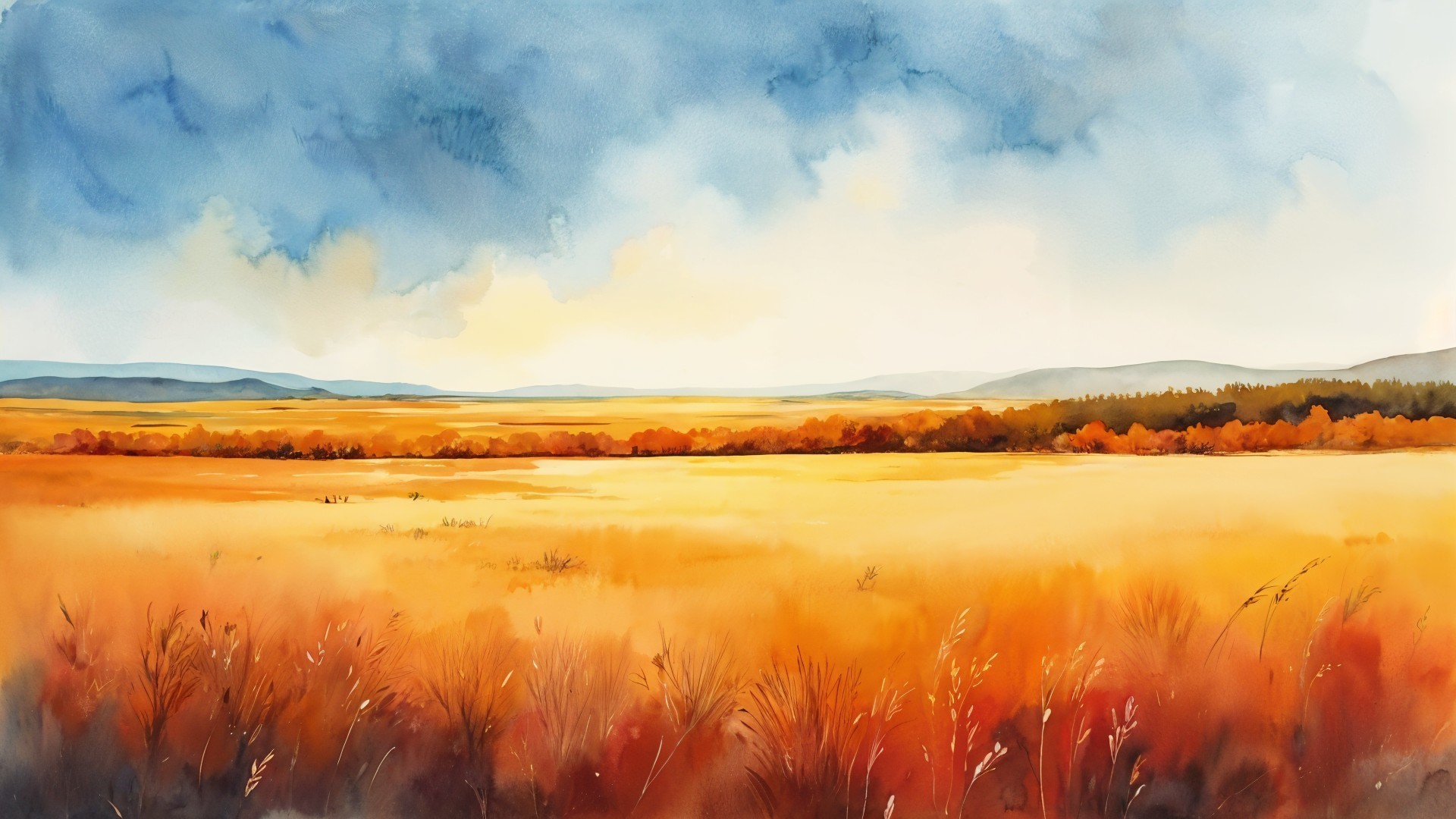 Vibrant Watercolor Landscape of Golden Field and Sky