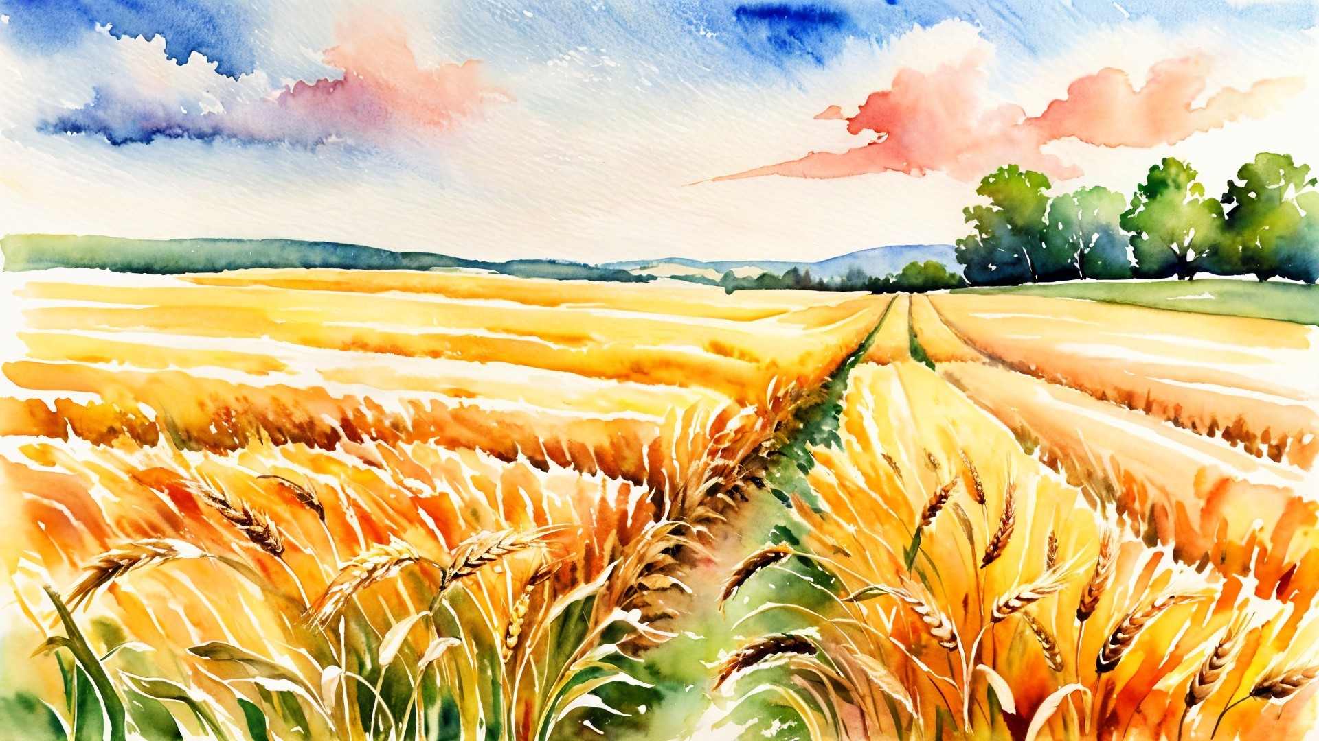 Vibrant Watercolor Landscape of Wheat Fields and Sky