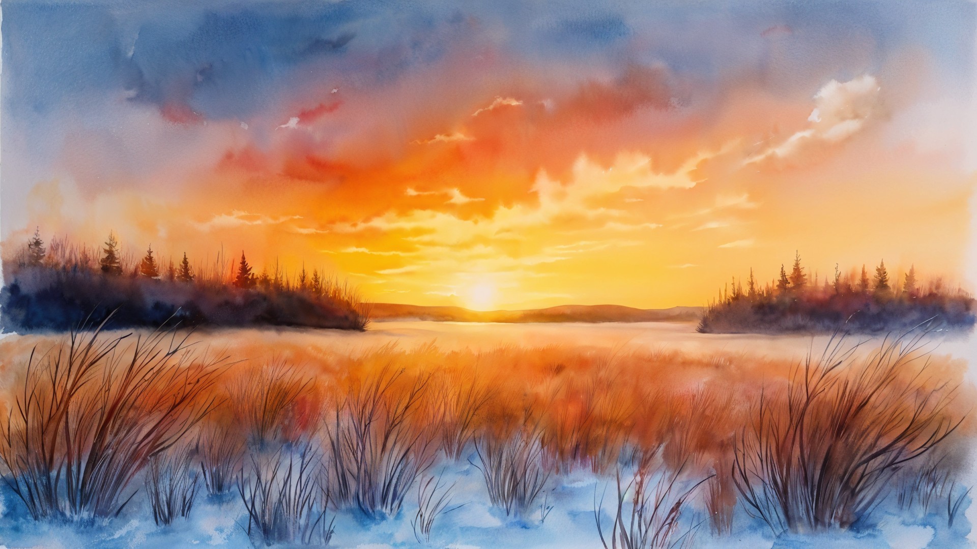 Watercolor Landscape of Sunset Over Tranquil Lake