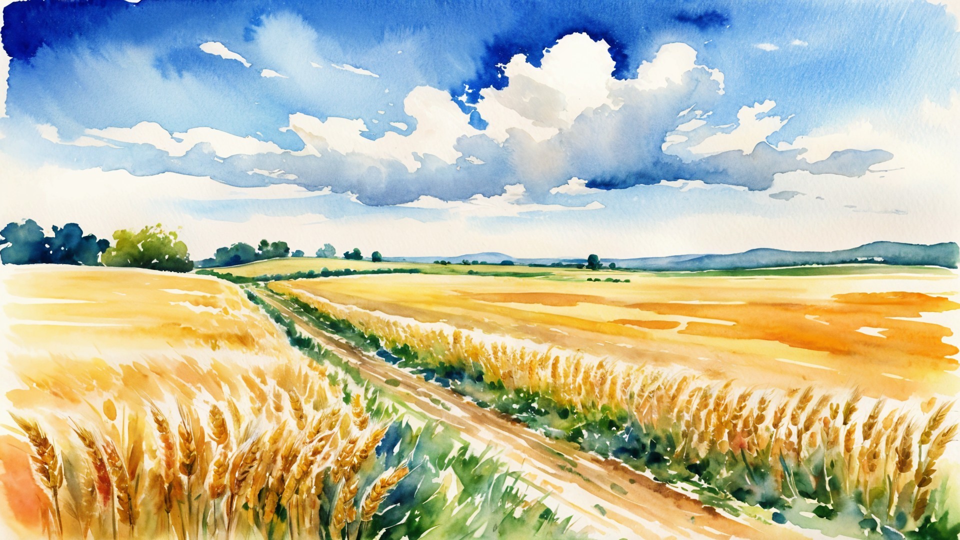 Golden Wheat Fields Under Blue Sky Landscape