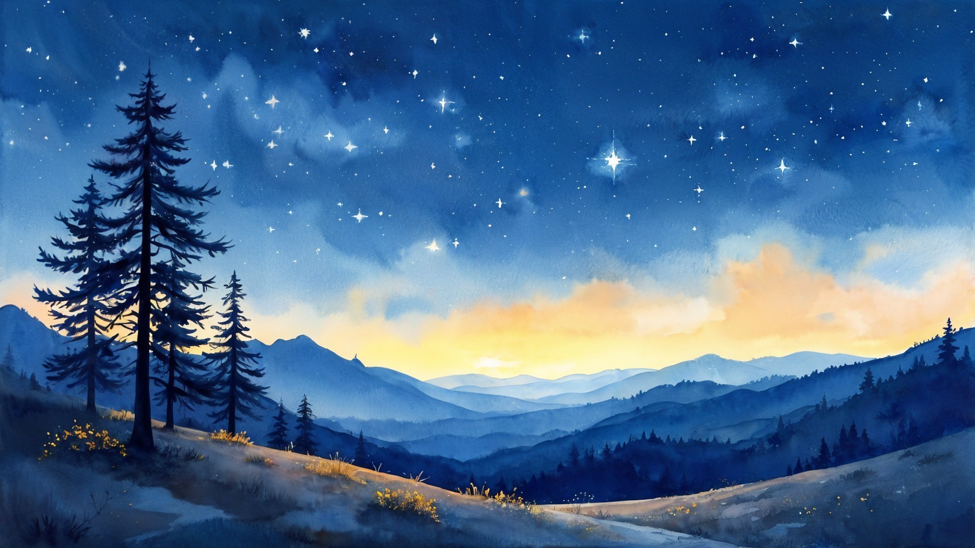 Serene Dusk Landscape with Mountains and Starry Sky