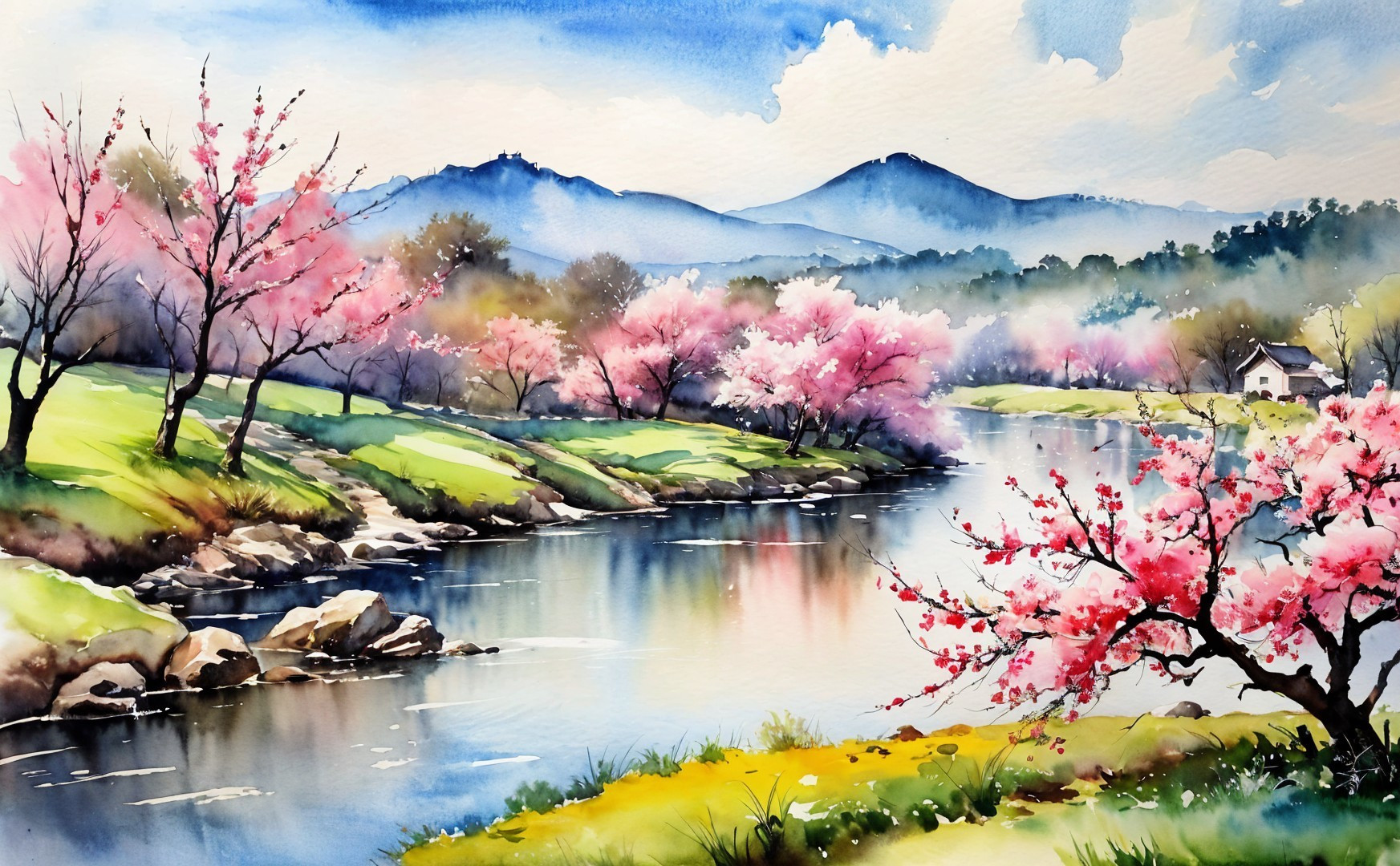 Tranquil River Landscape with Cherry Blossoms and Mountains
