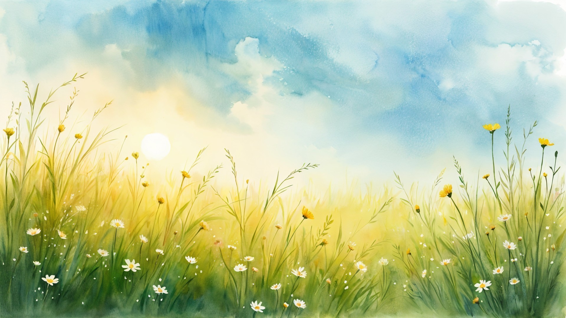 Sunlit Meadow with Green Grass and Colorful Flowers