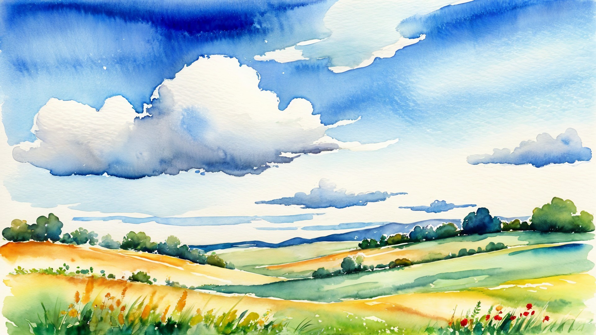 Serene Landscape of Rolling Hills and Wildflowers
