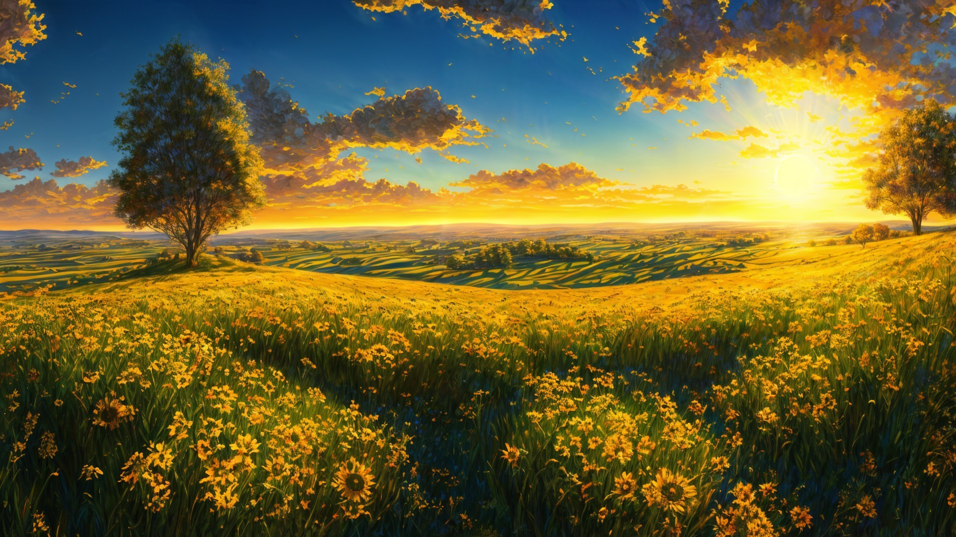 Vibrant Sunrise Landscape with Golden Flowers and Hills