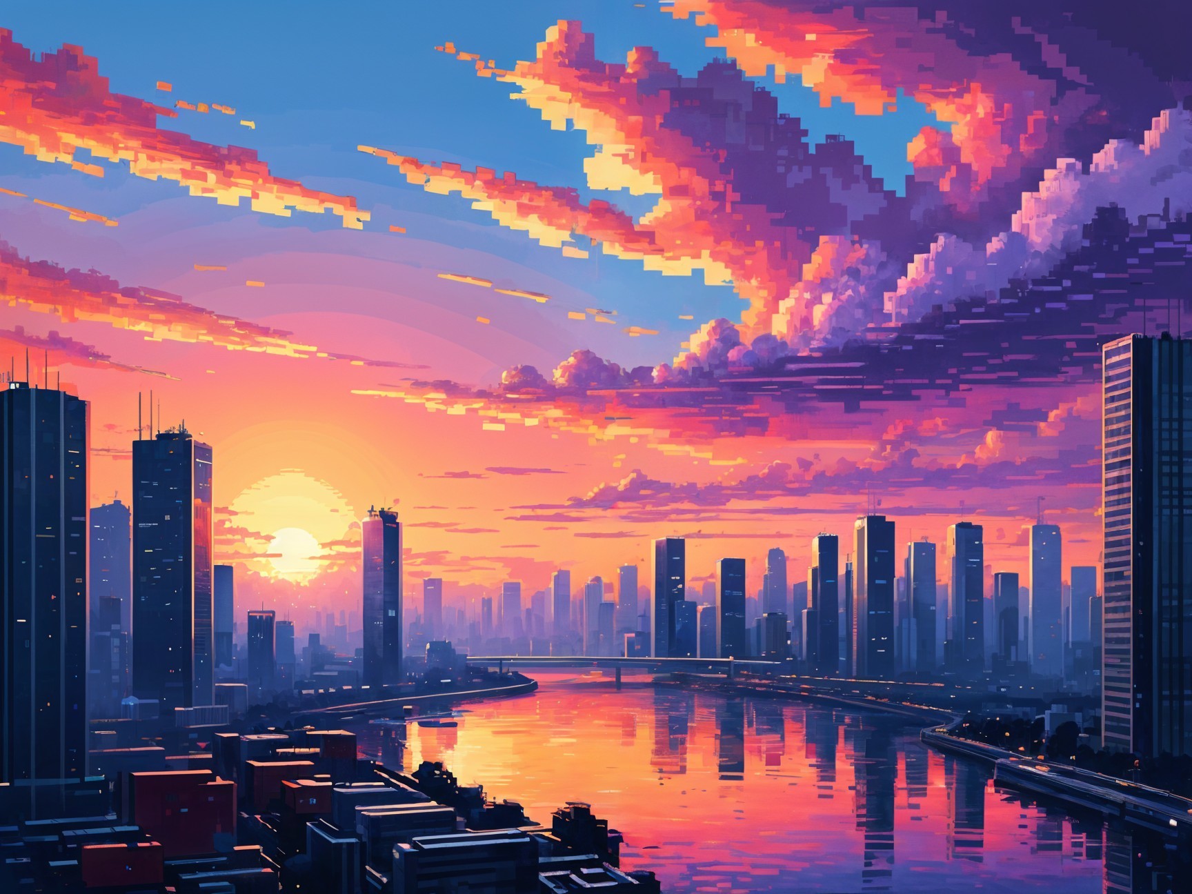 Pixel Art Scene of Sunset Over a Cityscape