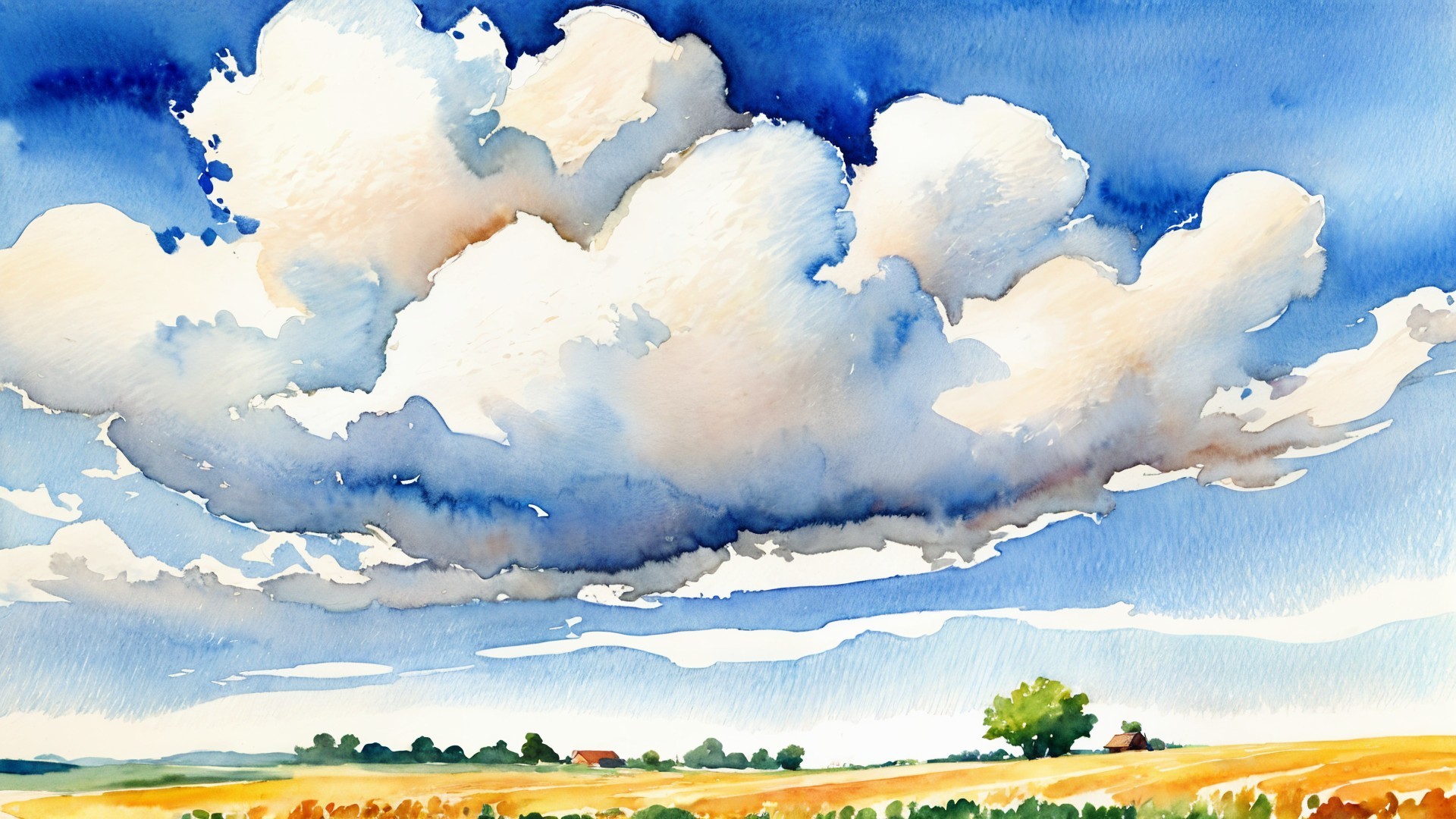 Watercolor Landscape with Blue Sky and Golden Fields