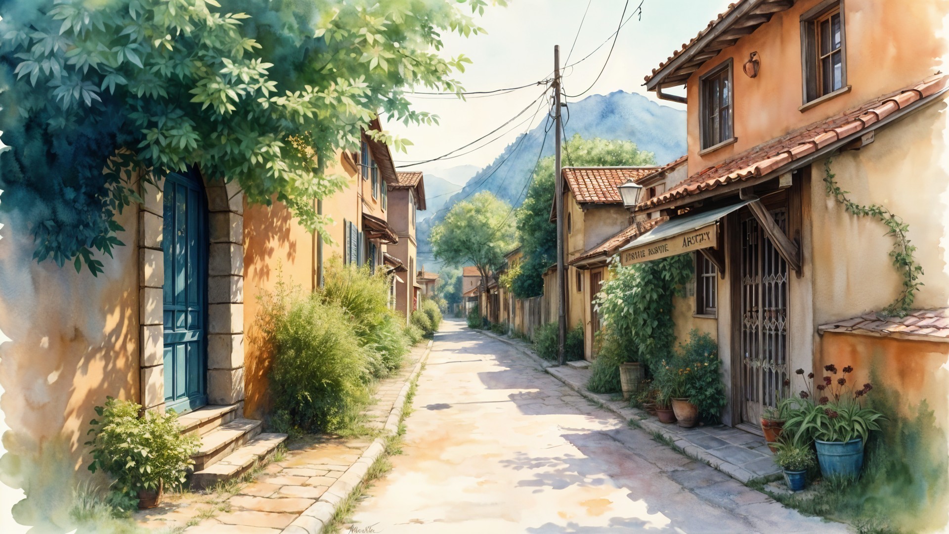 Serene Village Street with Rustic Houses and Greenery