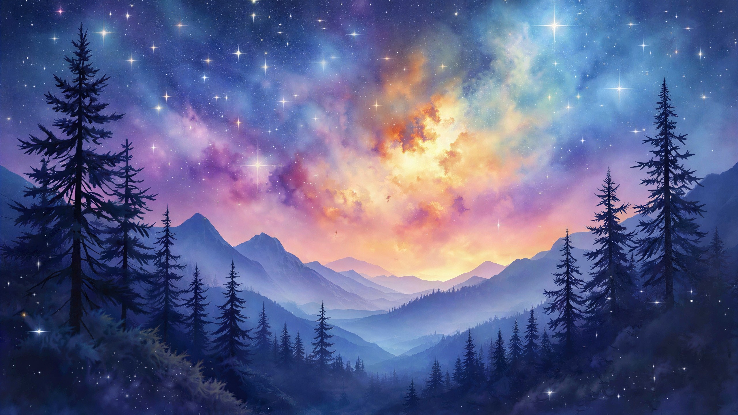 Surreal Night Sky Painting with Mountains and Forests