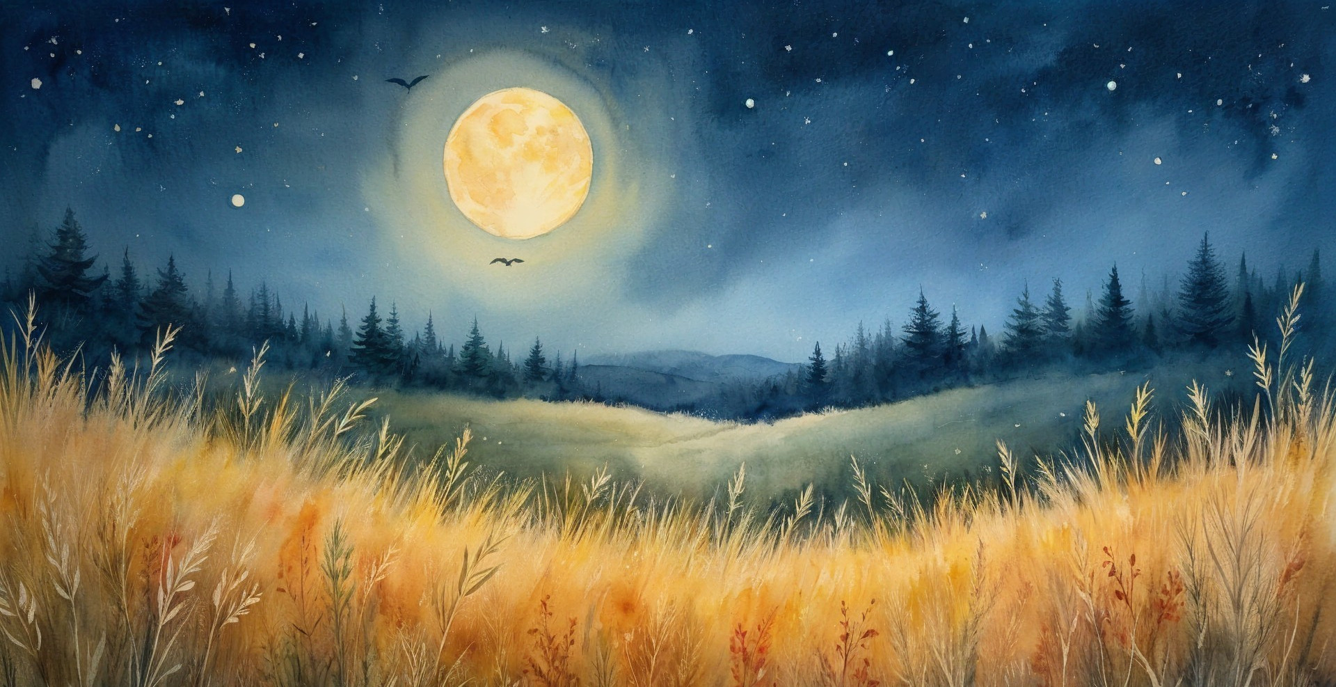 Tranquil Evening Landscape with Full Moon and Grasses
