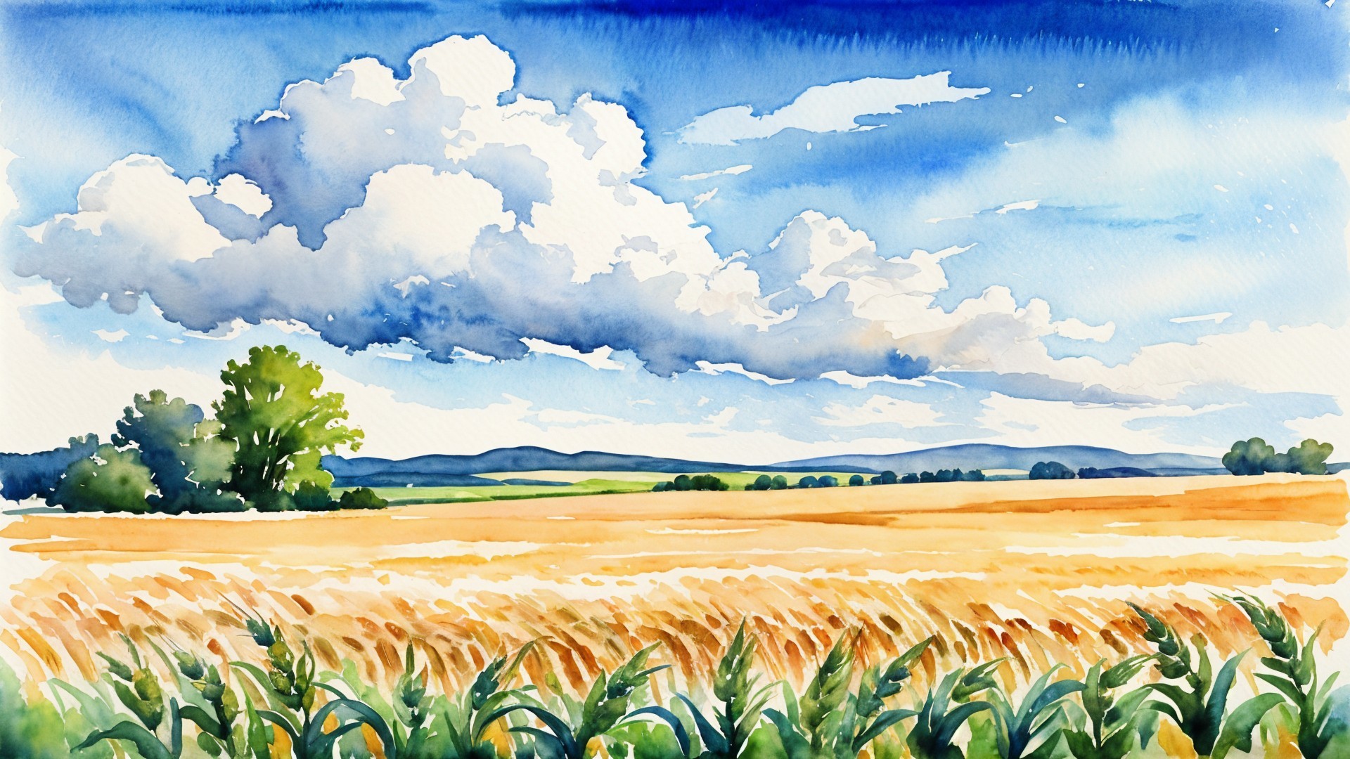 Serene Watercolor of Wheat Field and Green Cornlines