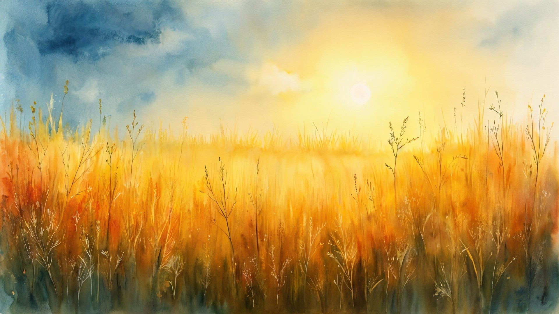 Vibrant Watercolor of a Sunlit Golden Field