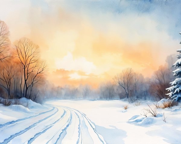 Serene Winter Landscape with Snowy Path and Sunset