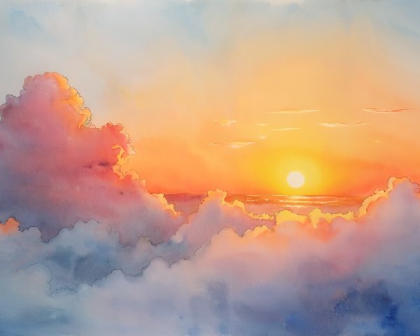 Watercolor Painting of a Vibrant Sunset Scene