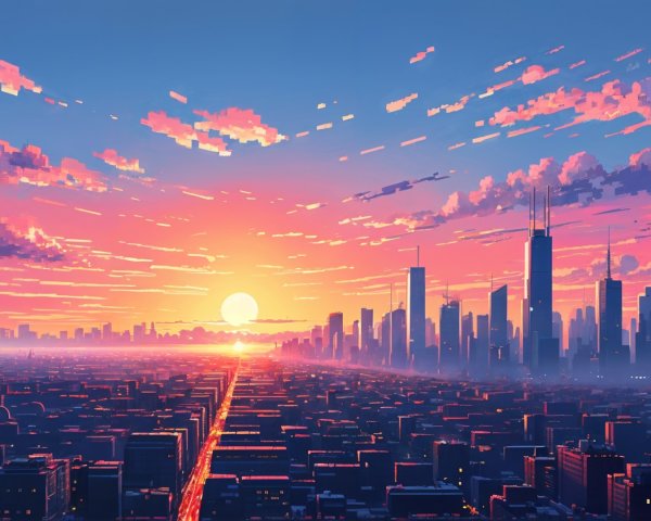 Vibrant Sunset Over a Cityscape with Skyscrapers