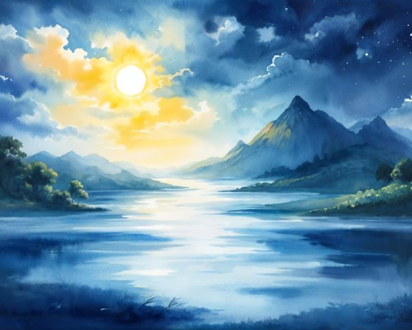 Twilight Landscape with Lake and Majestic Mountains
