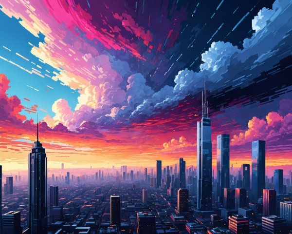 Vibrant City Skyline at Dusk with Colorful Clouds