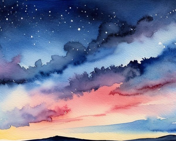 Watercolor Painting of Dusk Sky with Stars and Hills
